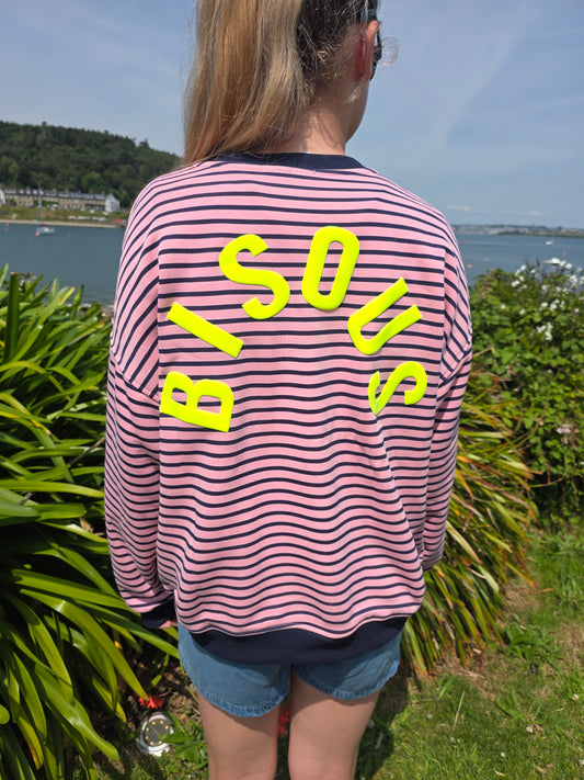 Pink & Navy Striped Crewneck Sweatshirt with 'Bisous' in Neon Yellow