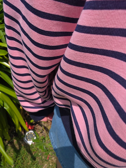 Pink & Navy Striped Crewneck Sweatshirt with 'Bisous' in Neon Yellow