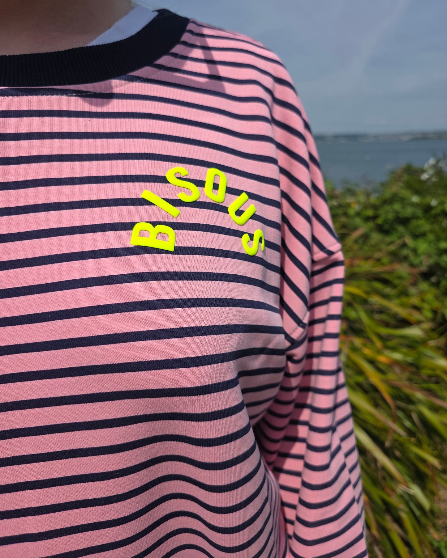 Pink & Navy Striped Crewneck Sweatshirt with 'Bisous' in Neon Yellow