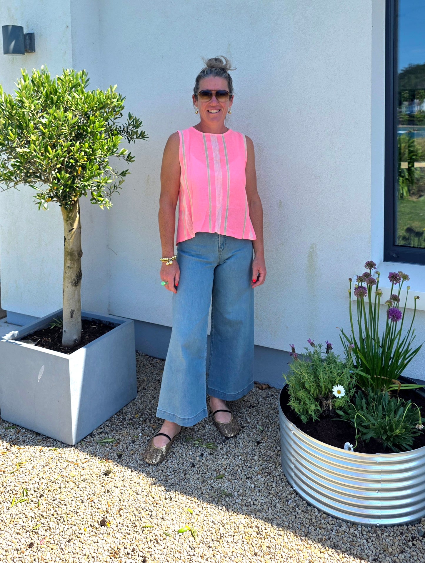 Neon Pink Striped Keyhole Sleeveless Blouse