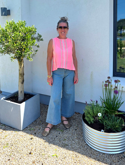 Neon Pink Striped Keyhole Sleeveless Blouse