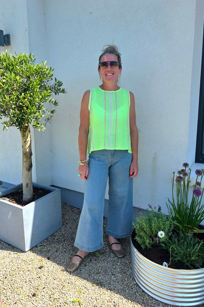 Neon Green Striped Keyhole Sleeveless Blouse