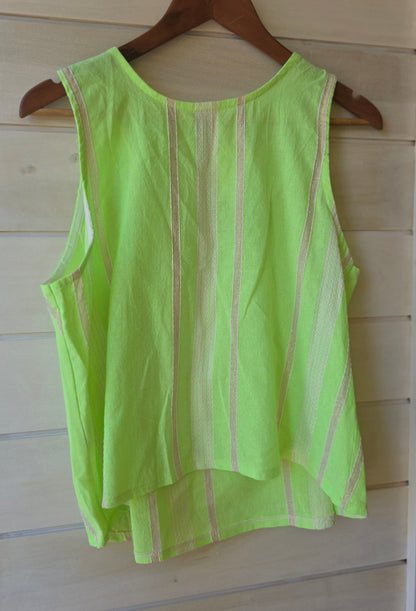 Neon Green Striped Keyhole Sleeveless Blouse