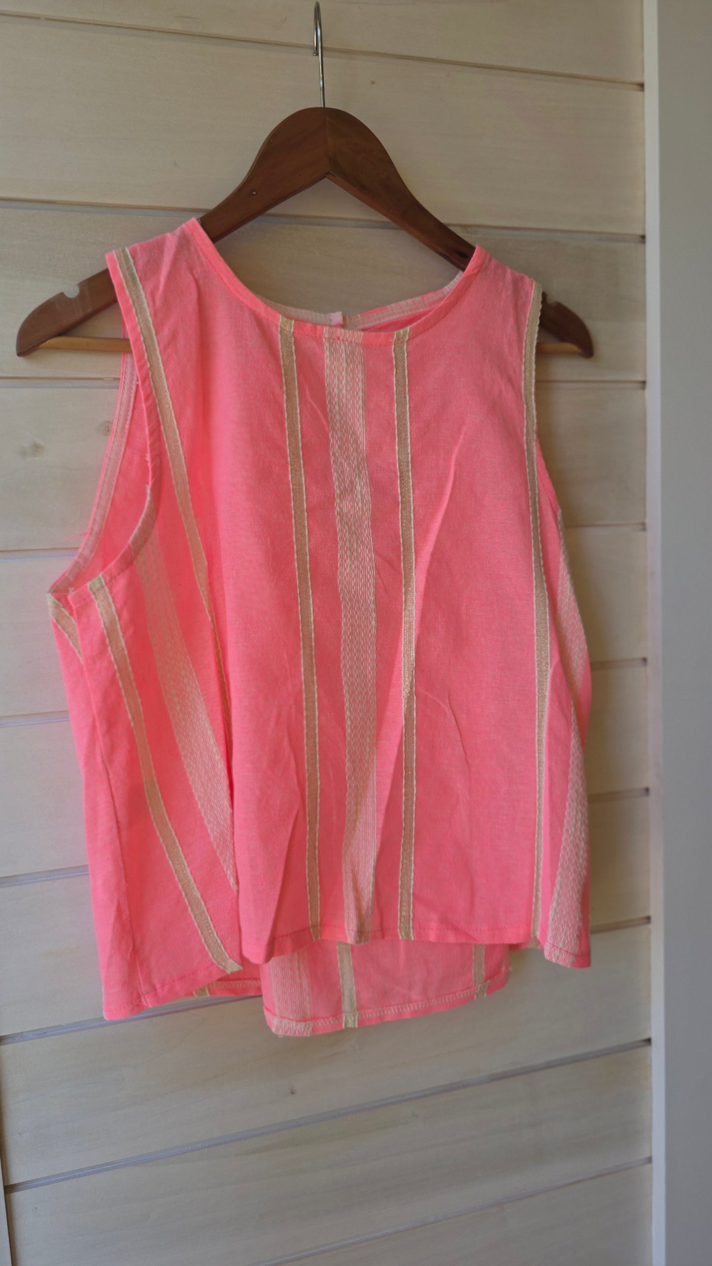 Neon Pink Striped Keyhole Sleeveless Blouse