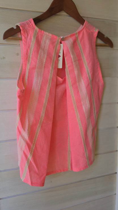 Neon Pink Striped Keyhole Sleeveless Blouse