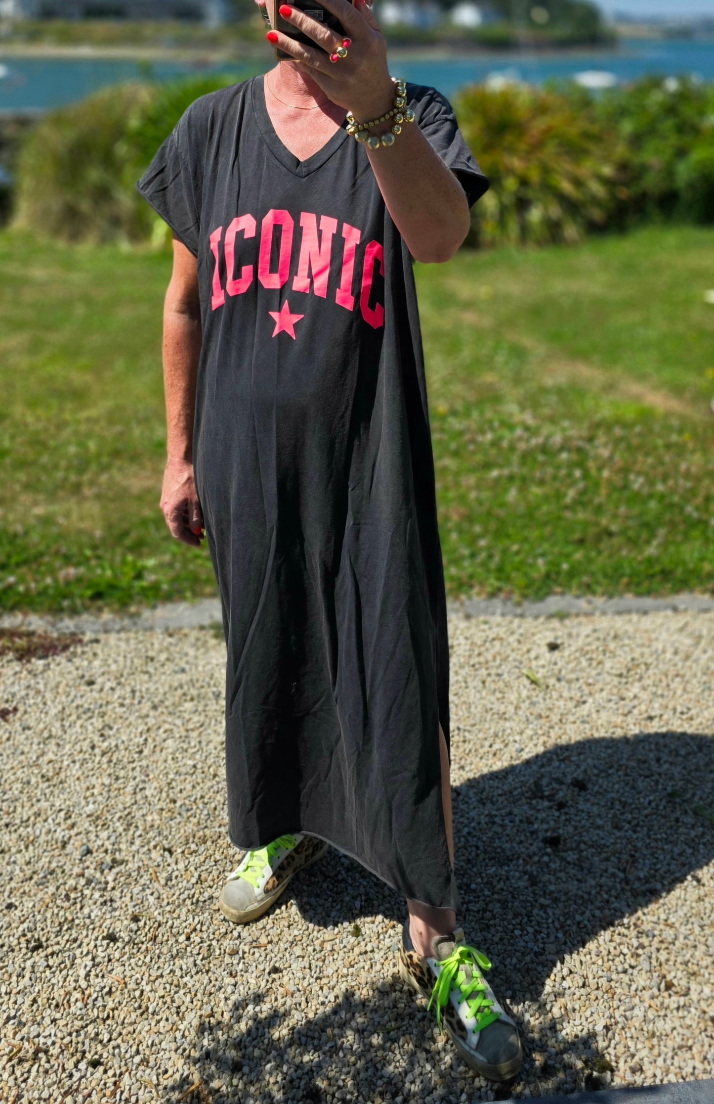 The "Iconic" Neon Graphic V- Neck Maxi Dress- Stone washed black