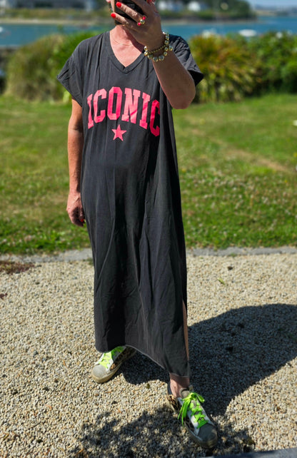 The "Iconic" Neon Graphic V- Neck Maxi Dress- Stone washed black