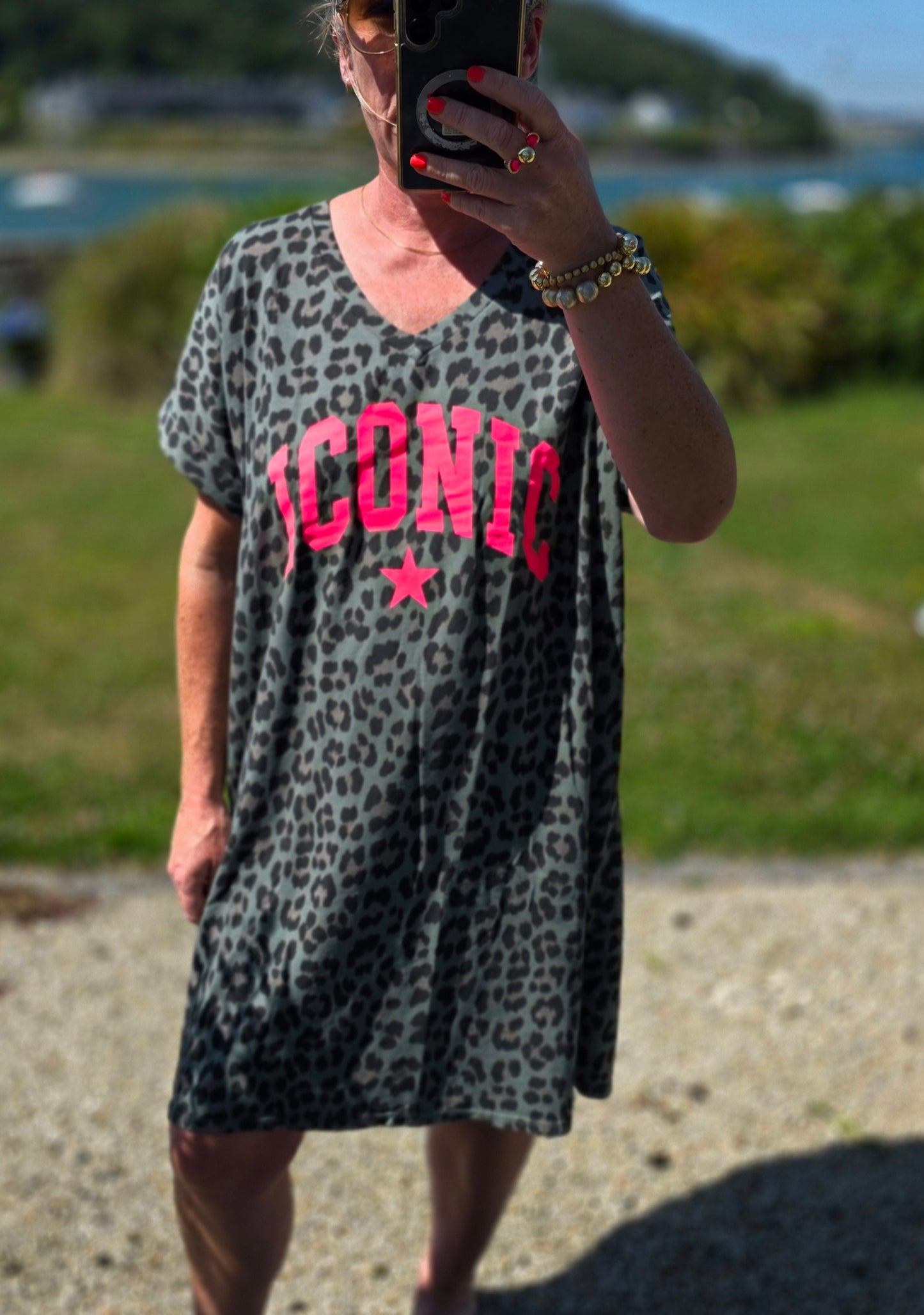 The "Iconic" Animal Print V-Neck T-Shirt Dress- Khaki & Neon Pink