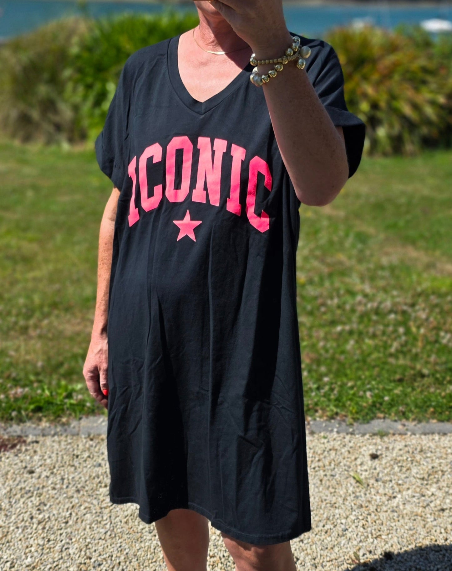 The 'Iconic" Neon Graphic V Neck T-Shirt Dress in Black
