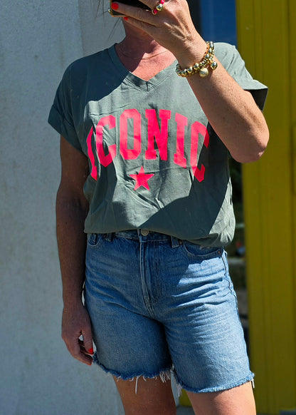 The "Iconic" V-Neck Graphic T Shirt- Khaki & Neon Pink