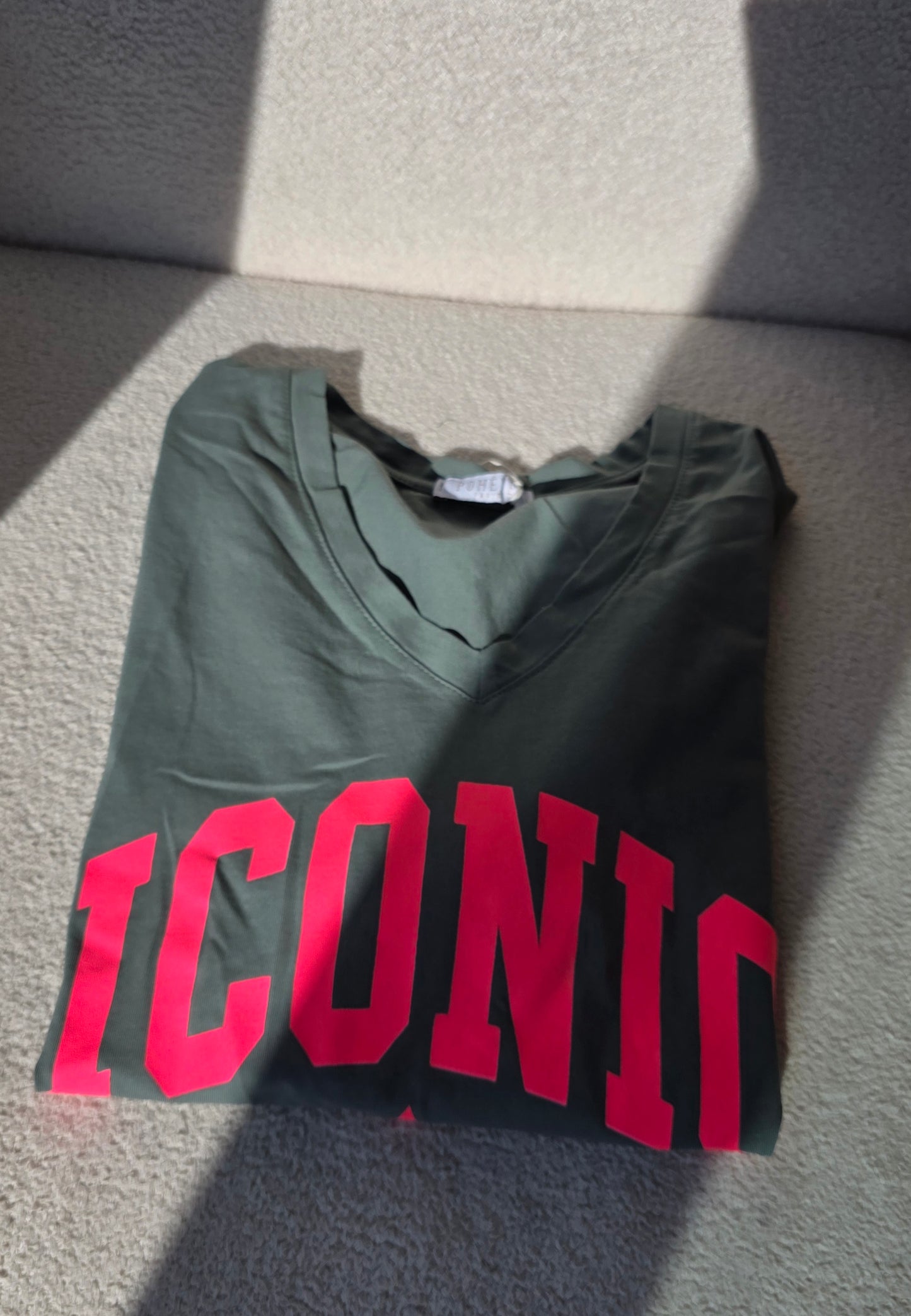 The "Iconic" V-Neck Graphic T Shirt- Khaki & Neon Pink