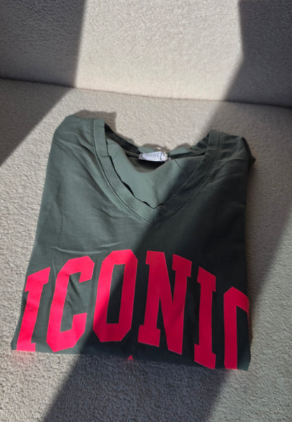 The "Iconic" V-Neck Graphic T Shirt- Khaki & Neon Pink