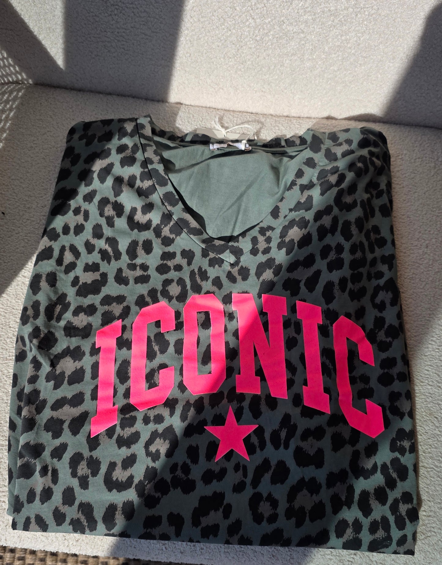 The "Iconic" Animal Print V-Neck T-Shirt Dress- Khaki & Neon Pink