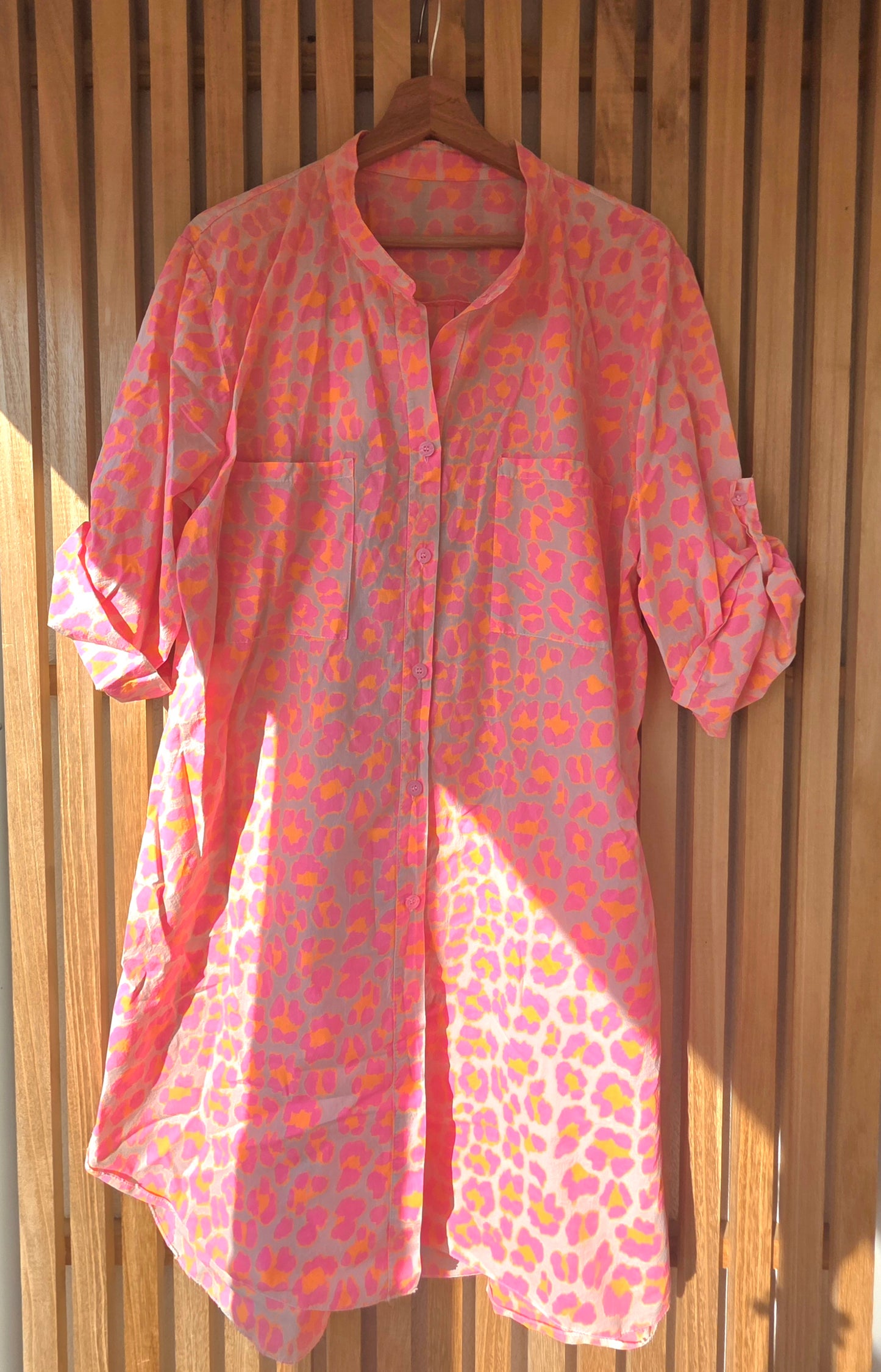 The Neon Leopard Print Beach Shirt Dress- Pink & Orange