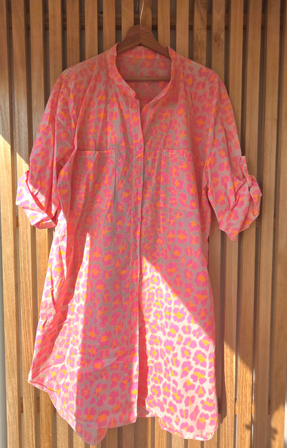 The Neon Leopard Print Beach Shirt Dress- Pink & Orange
