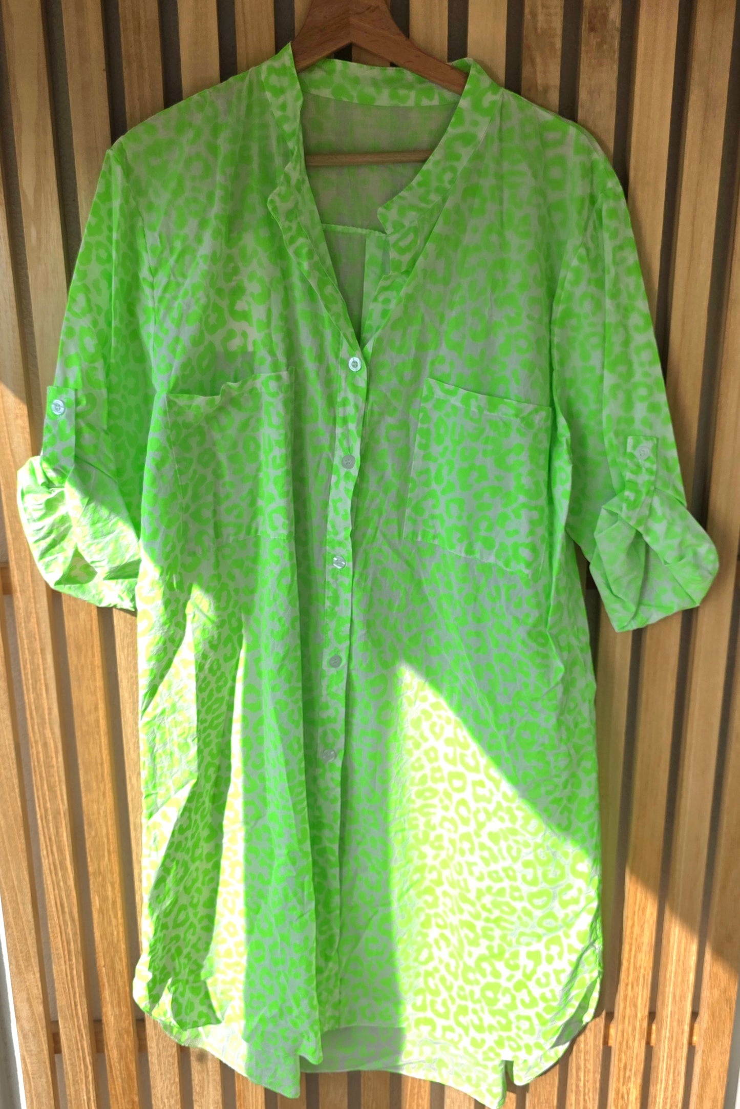 The Neon Leopard Beach Shirt Dress in Neon Green
