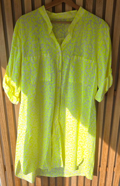 The Neon Yellow Leopard Print Beach Shirt Dress