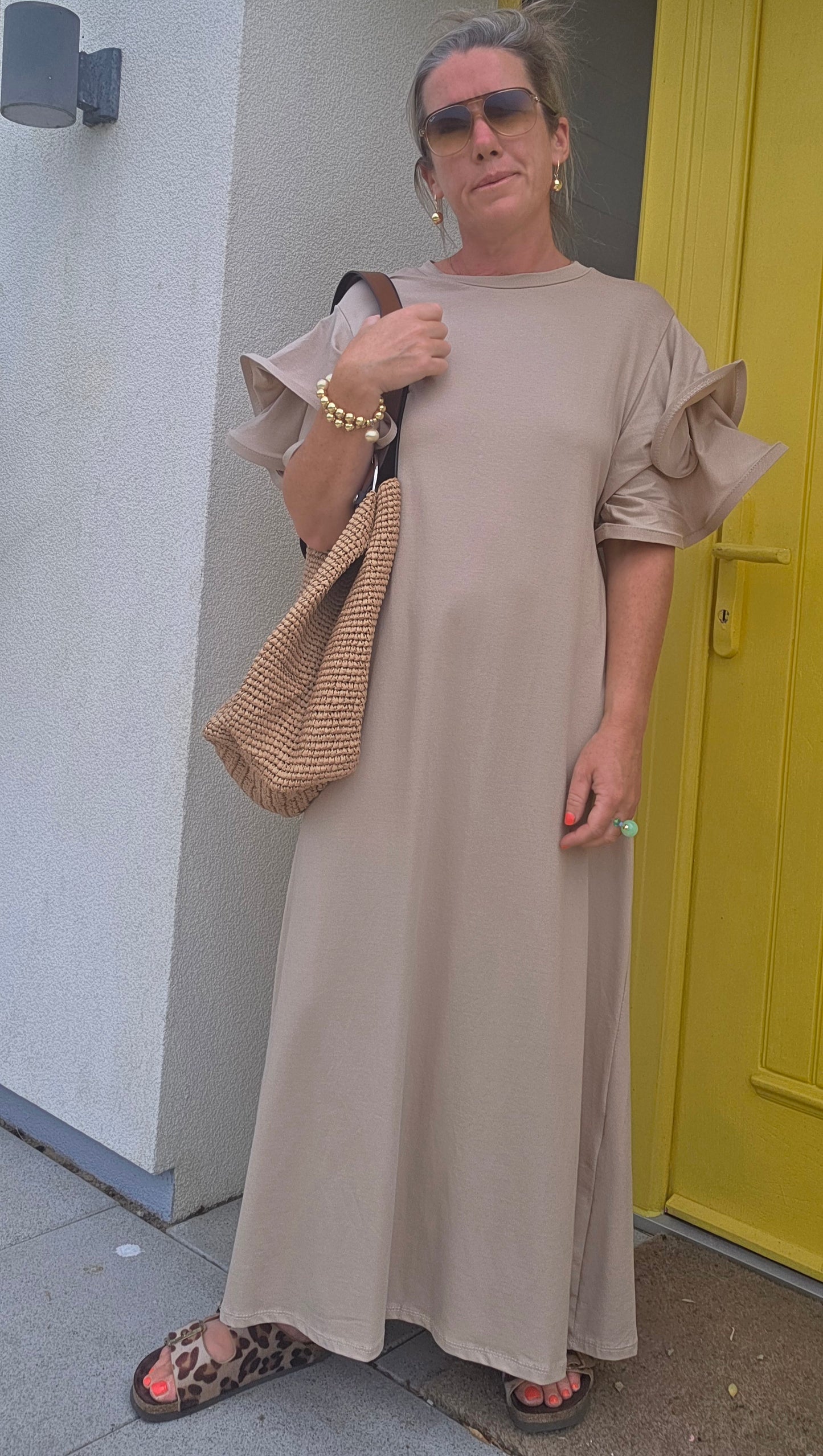 Oatmeal Beige Multi Layer Ruffle Sleeve Column Midi Dress