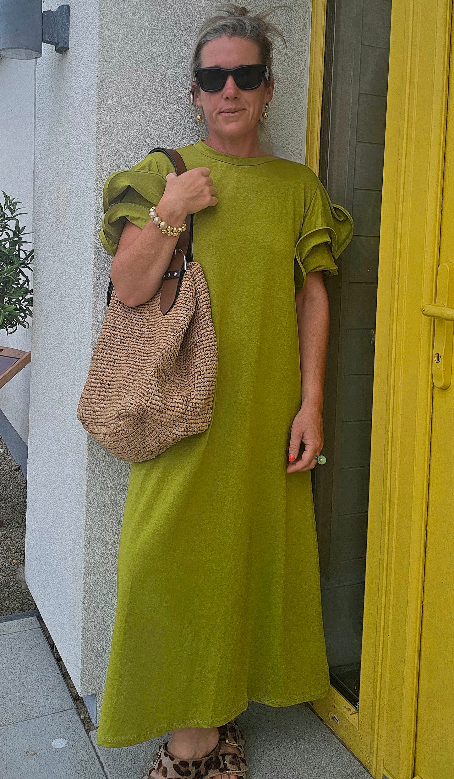 Olive Green Multi Layer Ruffle Sleeve Column Midi Dress