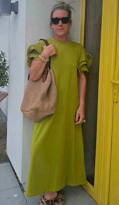 Olive Green Multi Layer Ruffle Sleeve Column Midi Dress
