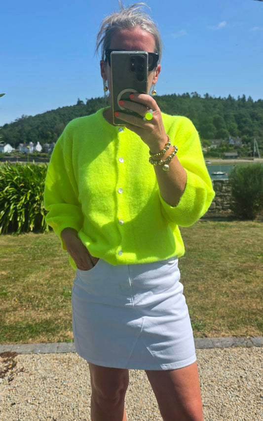 Italian Neon Yellow Alpaca Blend Cardigan. 3/4 sleeve