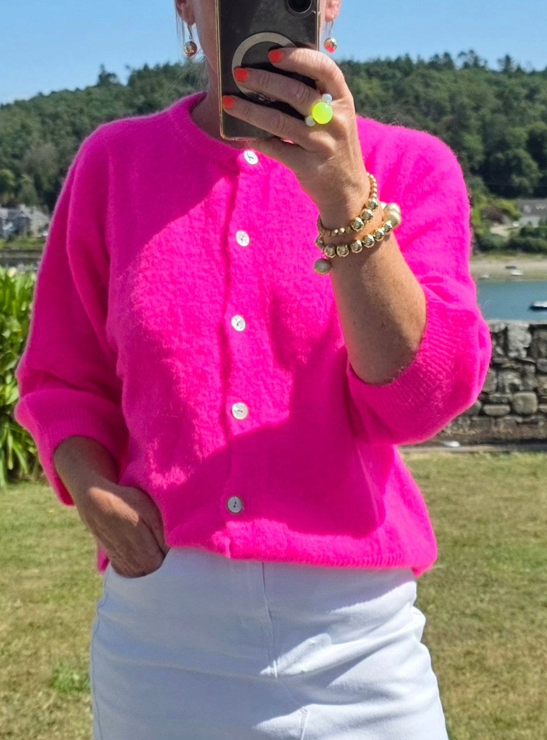 Neon Pink Superfine Alpaca 3/4 sleeve cardigan