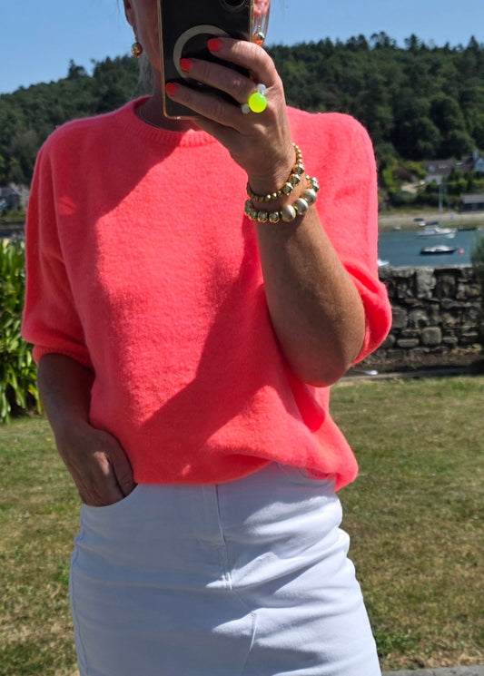 Neon Coral short sleeve Sweater in Superfine Alpaca Mix