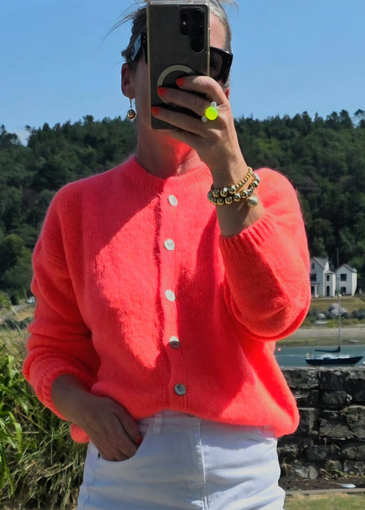 Luxury Knit Round Neck Kid Mohair Cardigan in Neon Coral