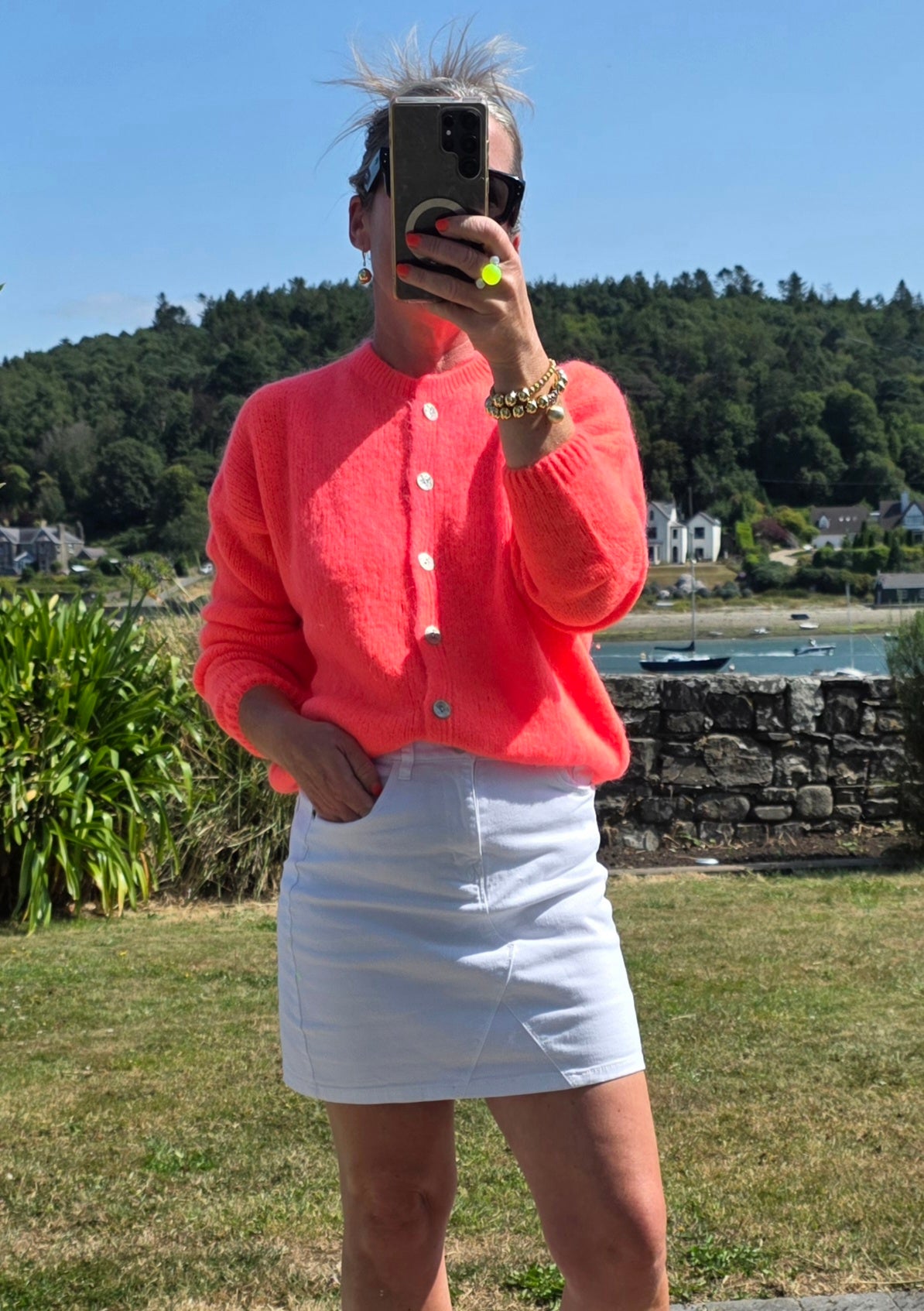 Luxury Knit | Neon Coral, round neck Kid Mohair & Wool cardigan