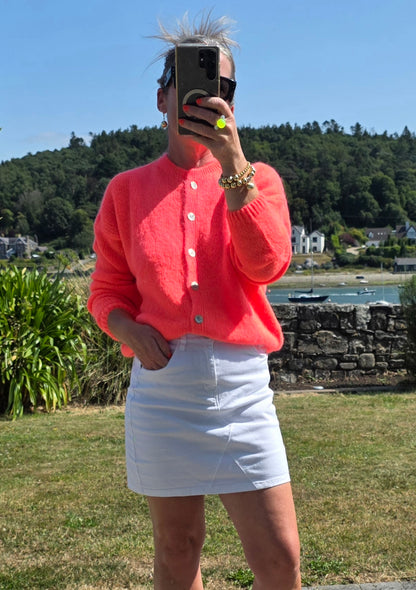 Luxury Knit | Neon Coral, round neck Kid Mohair & Wool cardigan