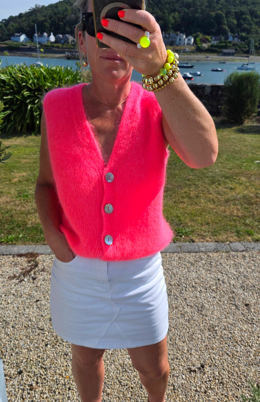 Neon Coral Mohair-Wool Blend V-Neck Knit Vest