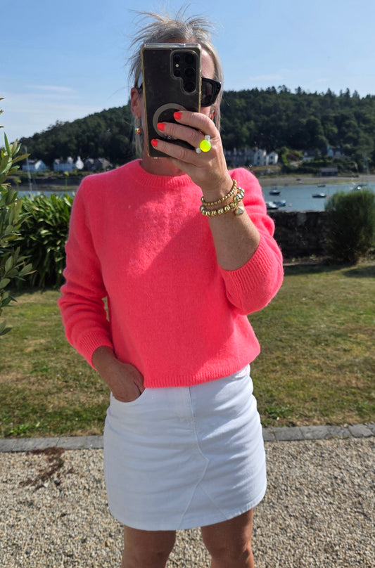 Luxury Knit| Neon Coral Superfine Alpaca & Wool Round Neck Sweater
