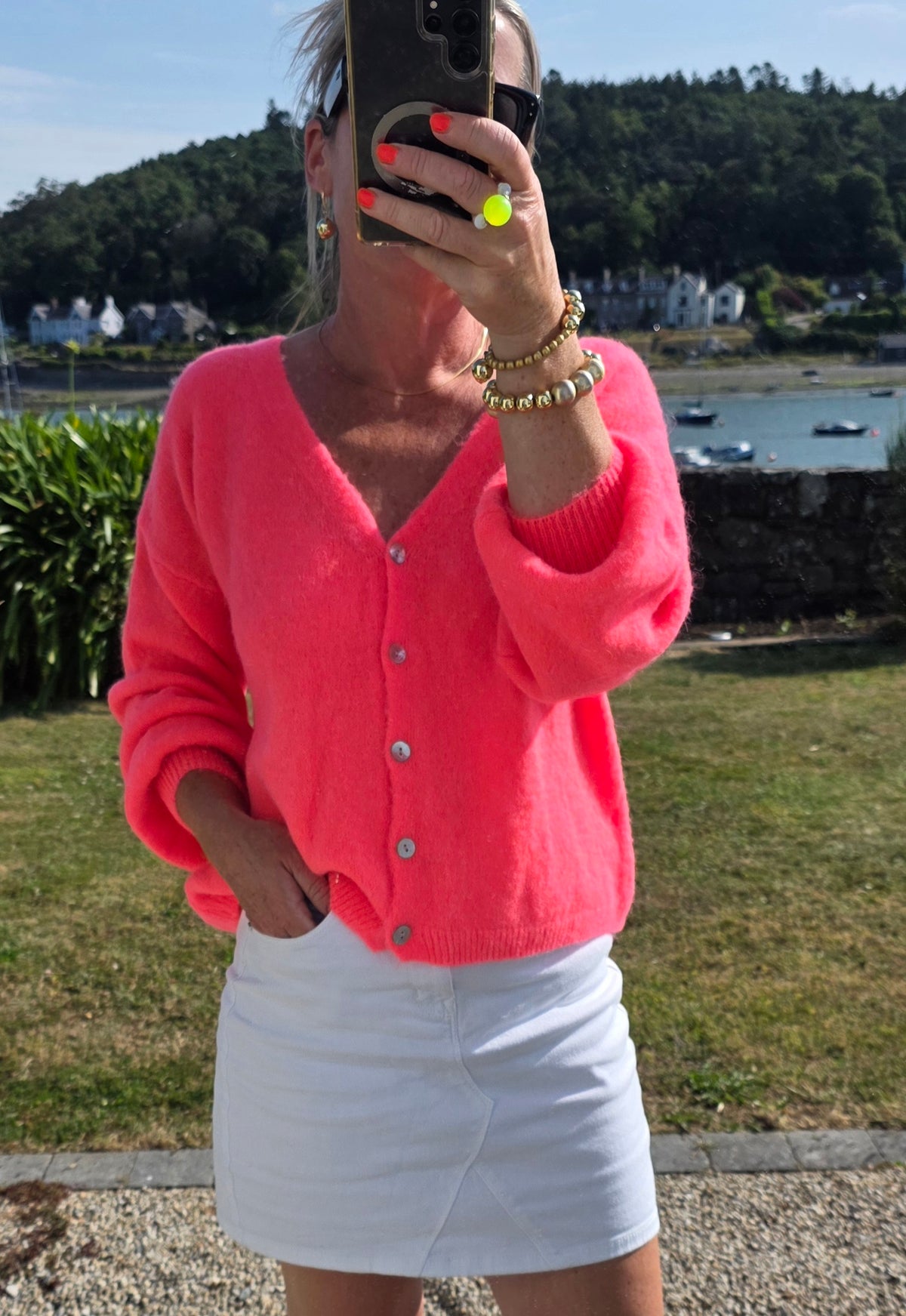 Neon Coral Superfine Alpaca & Wool blend, V Neck Cardigan
