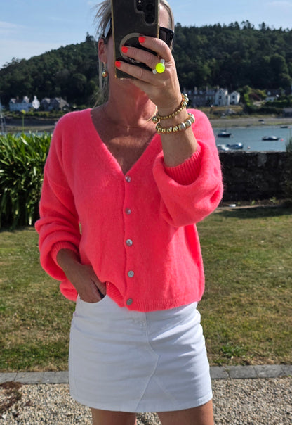 Neon Coral Superfine Alpaca & Wool blend, V Neck Cardigan