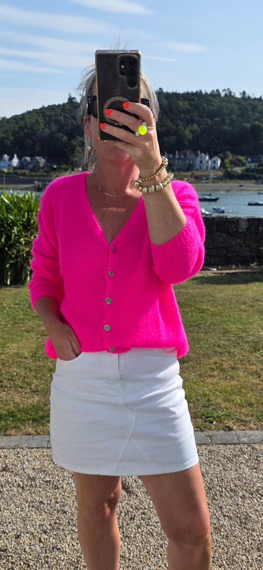 Neon Pink Cardigan. Long sleeves. Mohair mix knit