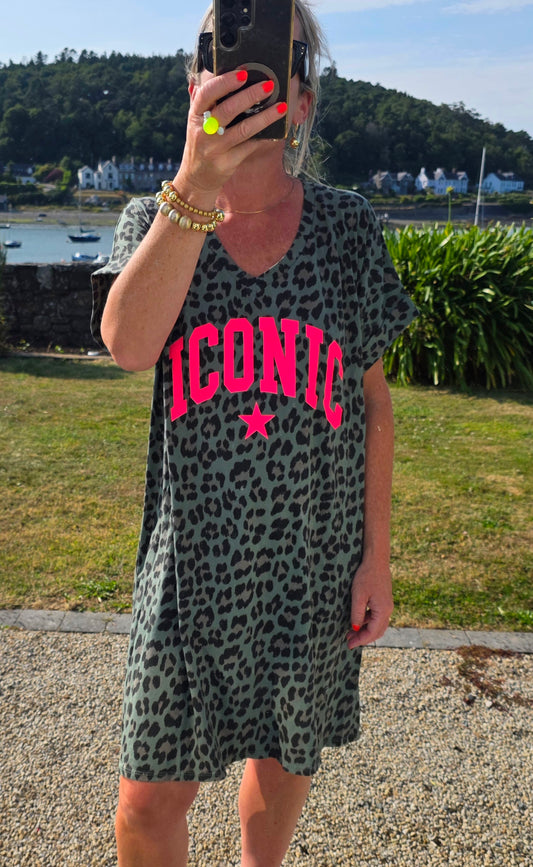 The "Iconic" Animal Print V-Neck T-Shirt Dress- Khaki & Neon Pink