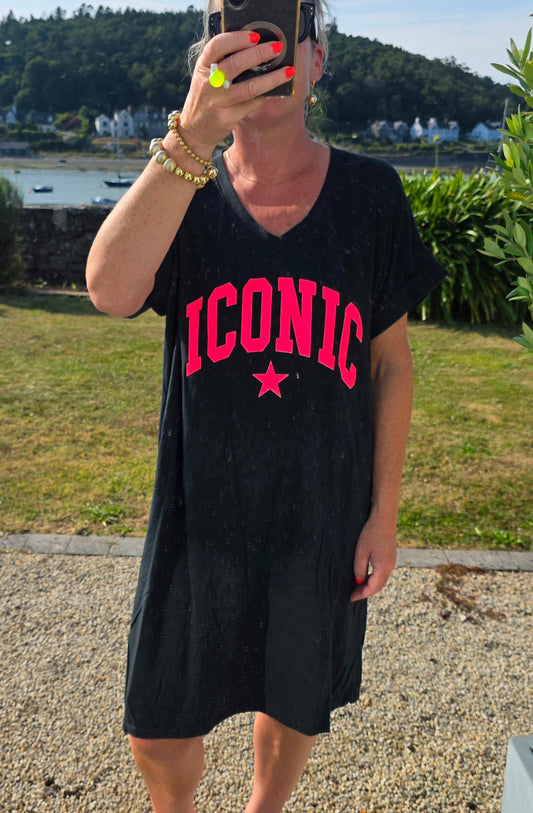 The 'Iconic" Neon Graphic V Neck T-Shirt Dress in Black