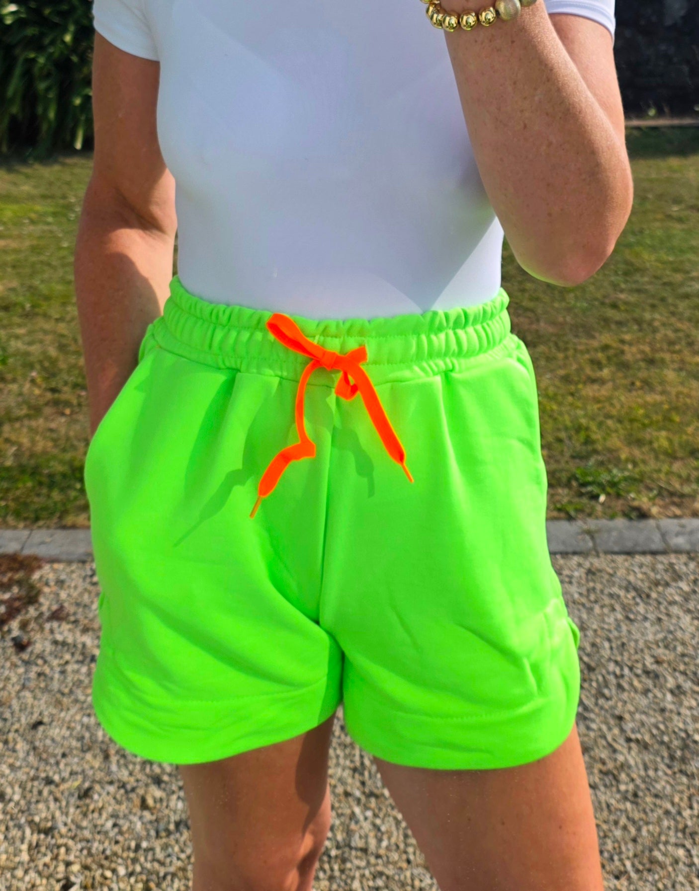 Neon Lime Drawstring Sweat Shorts with Neon Pink Drawstring