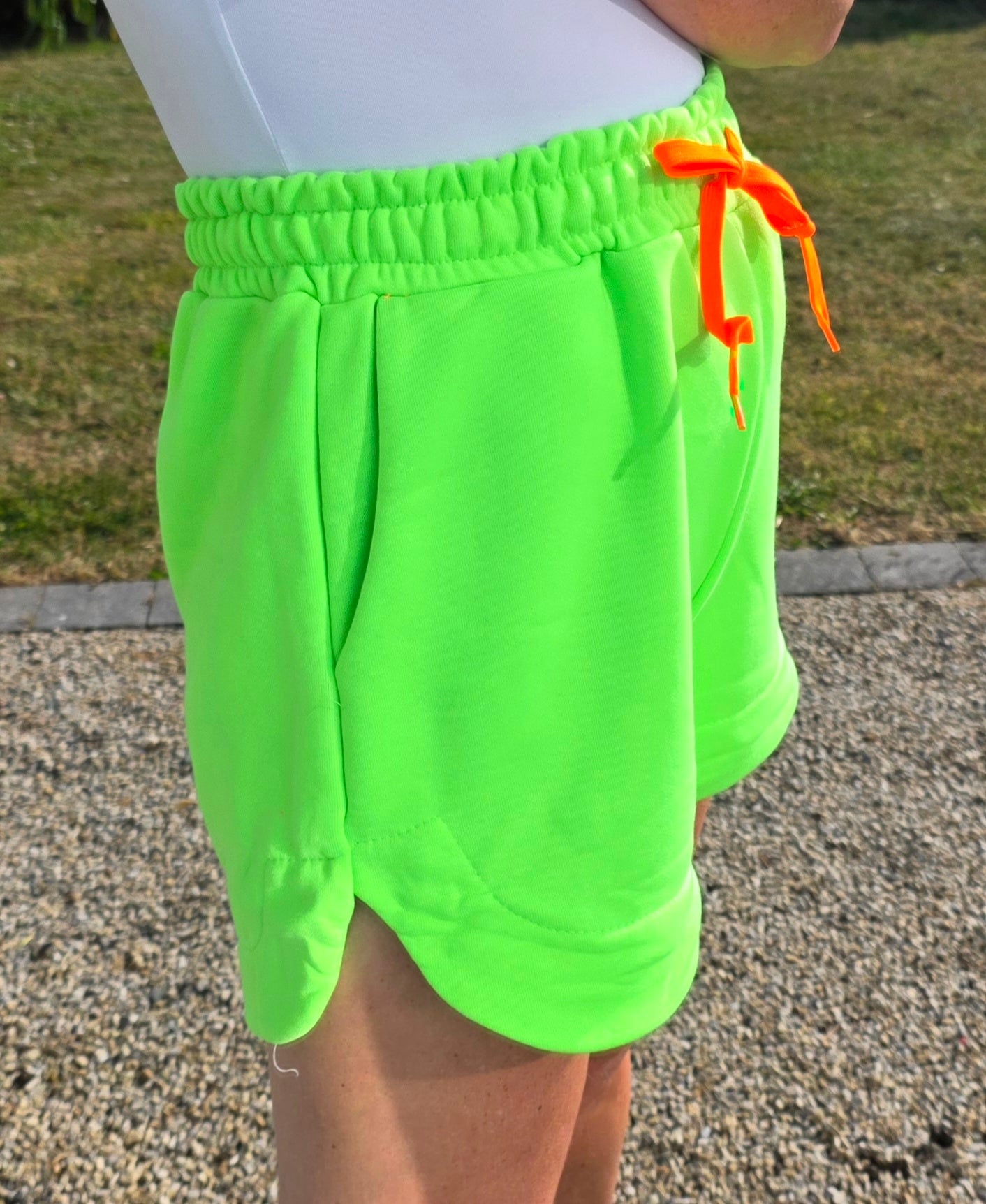 Neon Lime Drawstring Sweat Shorts with Neon Pink Drawstring