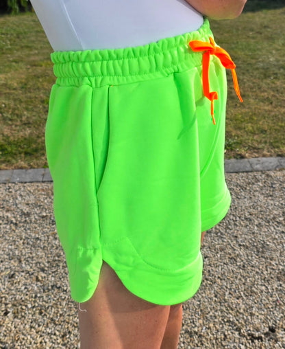 Neon Lime Drawstring Sweat Shorts with Neon Pink Drawstring