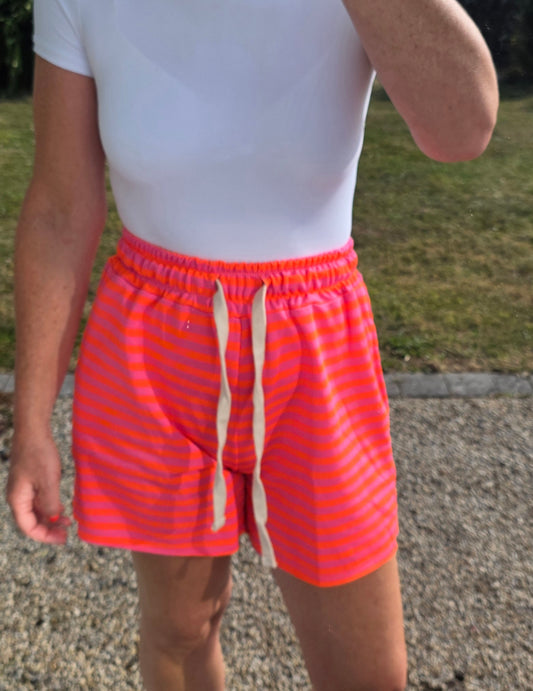 Neon Coral Striped Drawstring Casual Shorts