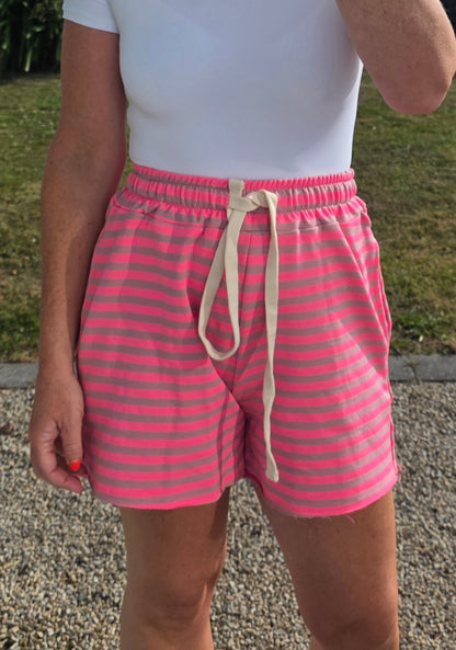 Neon Pink Striped Drawstring Caual Shorts