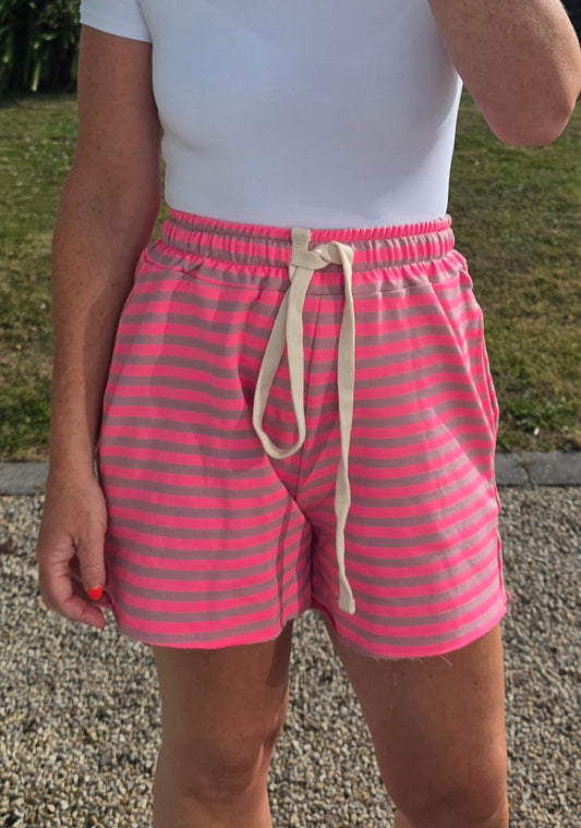 Neon Pink Striped Drawstring Caual Shorts