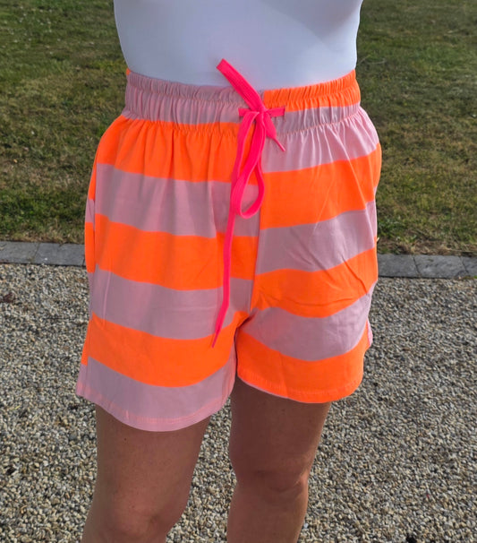 Neon Orange and Mauve Striped Cotton Shorts with Contrast Drawstring