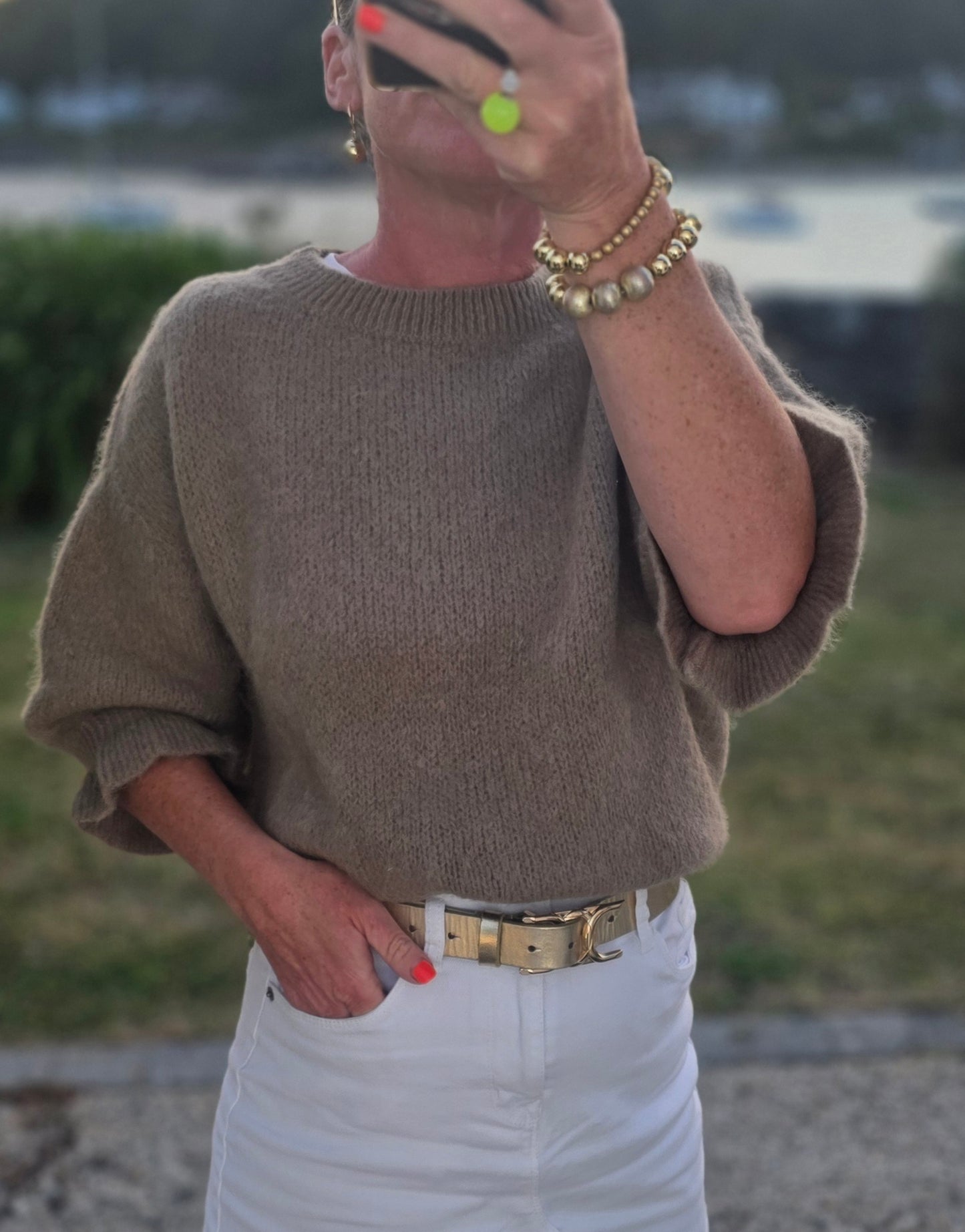 Taupe Kid Mohair & Wool Blend Sweater with Flared Cuff