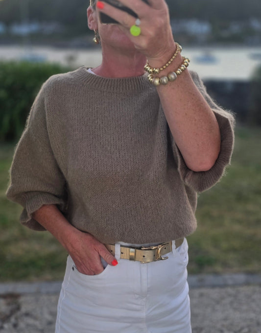 Taupe Kid Mohair & Wool Blend Sweater with Flared Cuff
