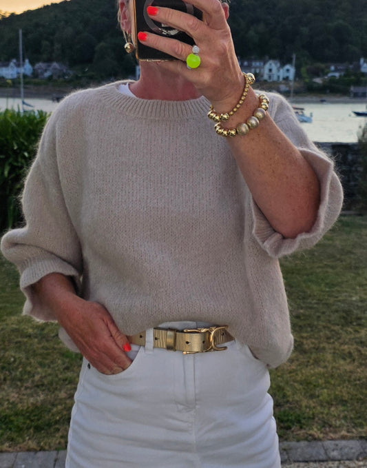 Oatmeal Kid Mohair & Wool Blend Knit with Flared Cuffs