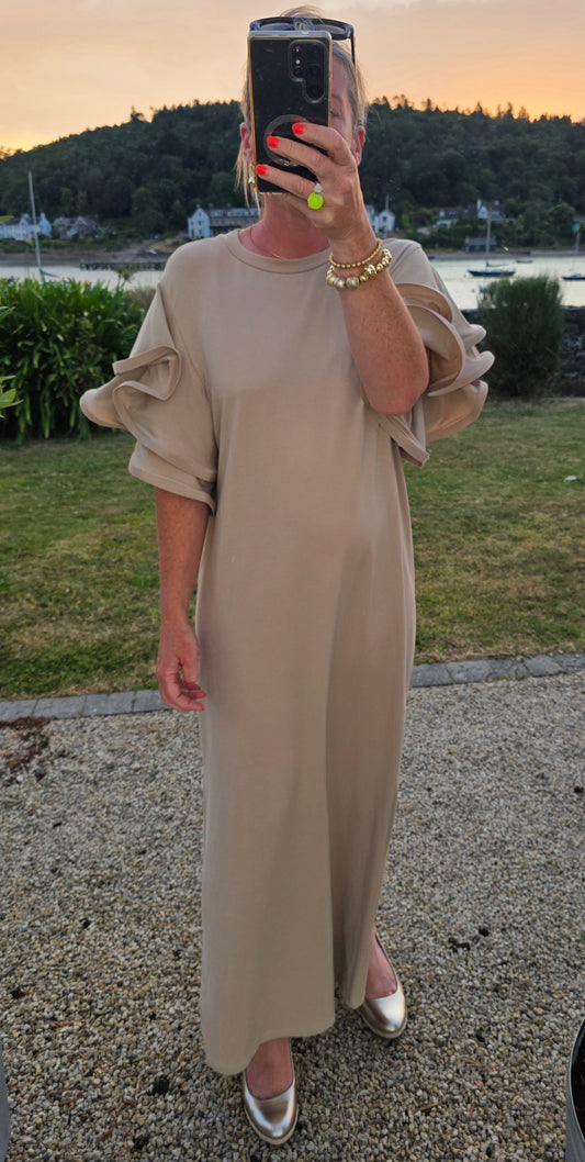 Oatmeal Beige Multi Layer Ruffle Sleeve Column Midi Dress