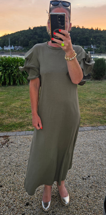 Khaki Green Multi-Layer Ruffle Sleeve column Midi Dress