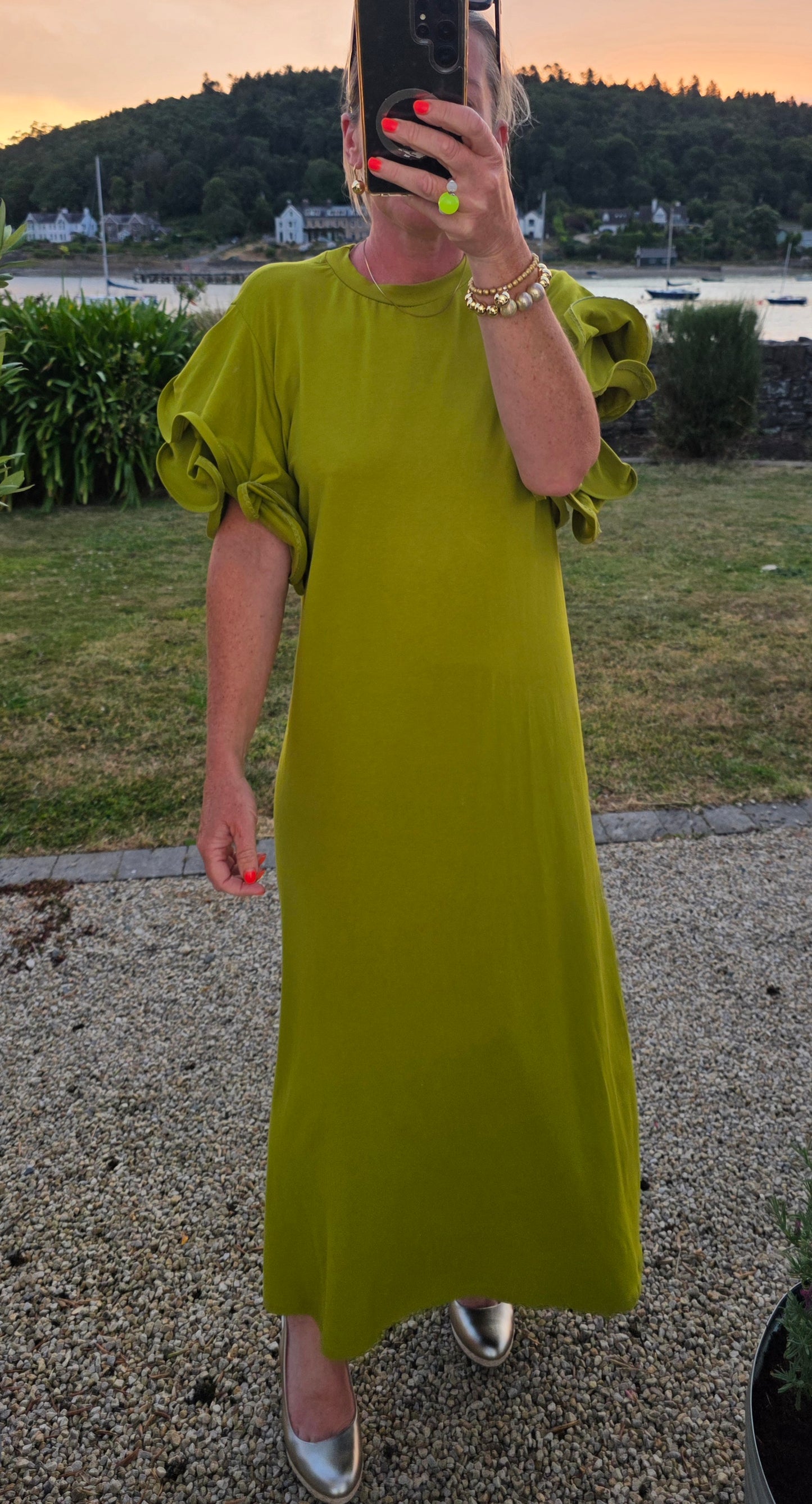 Olive Green Multi Layer Ruffle Sleeve Column Midi Dress